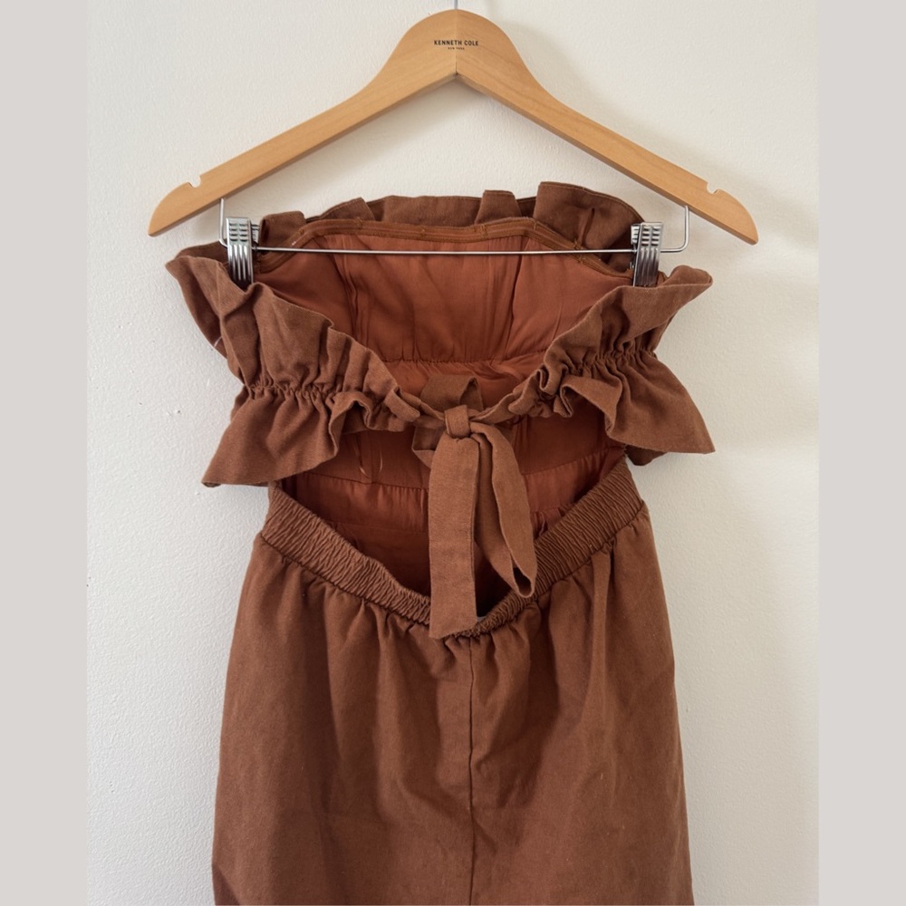 ASTR The Label Ruffle Bodice Tie Back Strapless Cotton Linen Jumpsuit Brown S - Picture 10 of 13